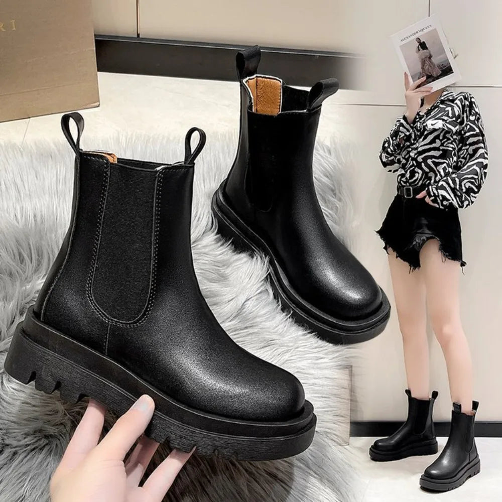 Bottines Femme – Chelsea Crantée Talon Plat Bout Rond, Talon Bloc