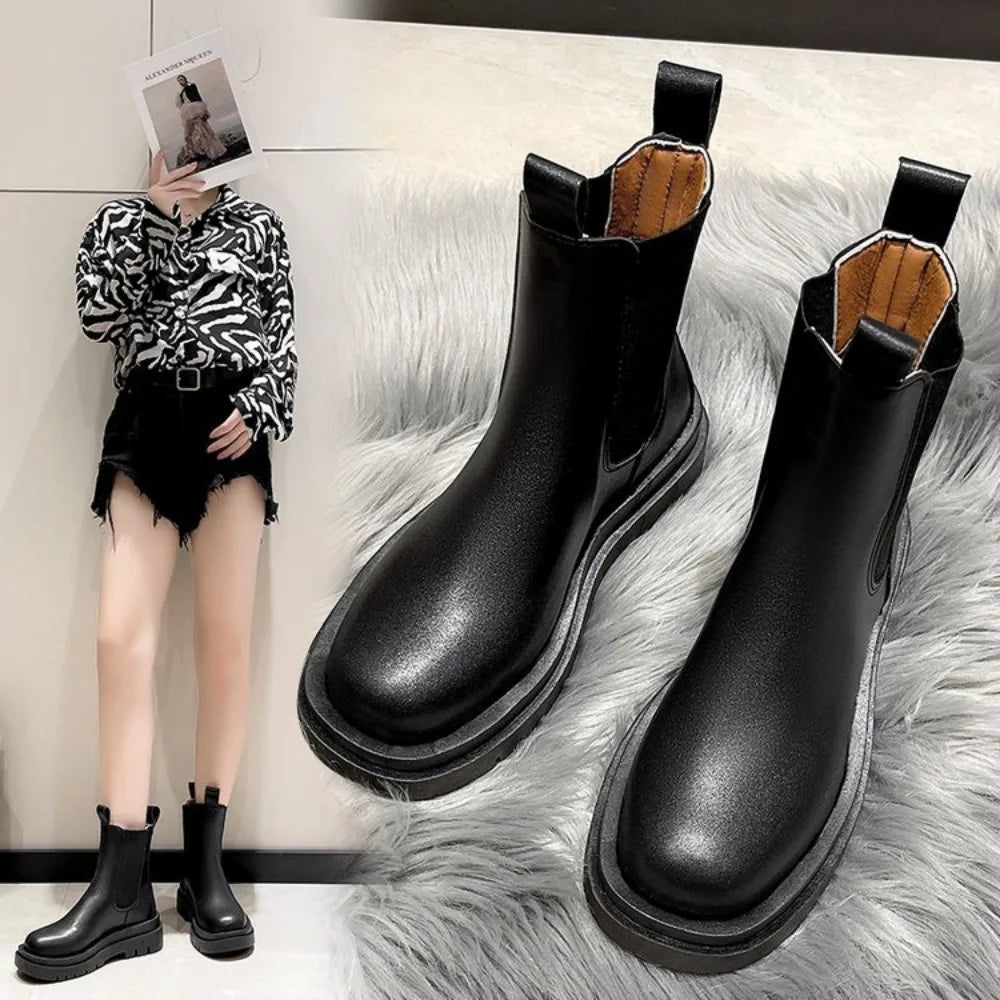 Bottines Femme – Chelsea Crantée Talon Plat Bout Rond, Talon Bloc