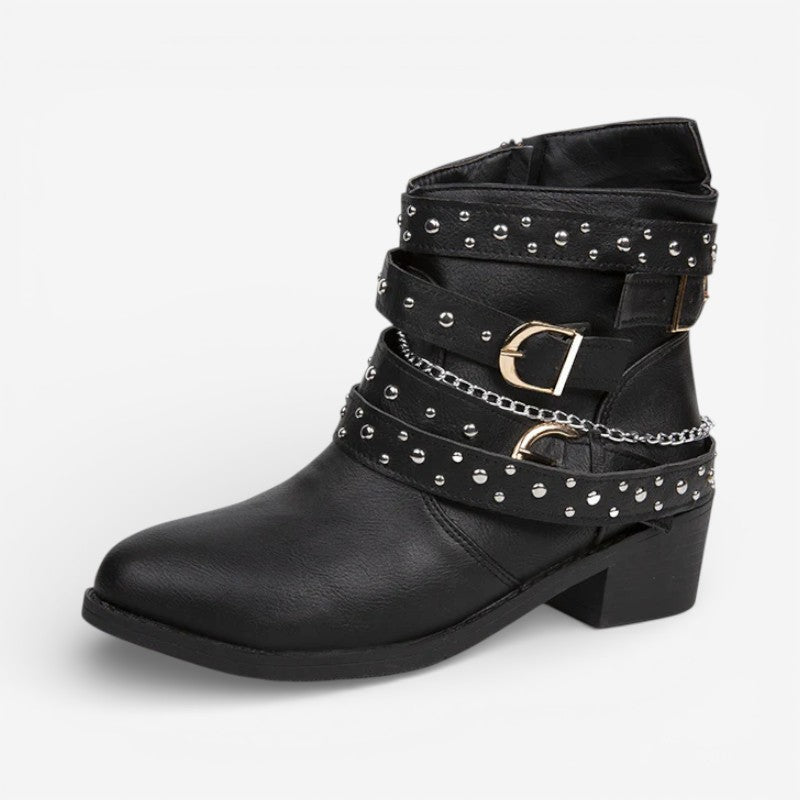Bottines Cloutées Femme – Lanières à Boucles, Style Motard