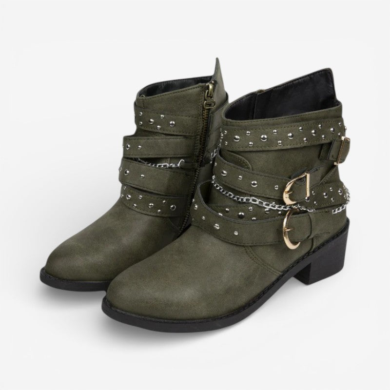 Bottines Cloutées Femme – Lanières à Boucles, Style Motard