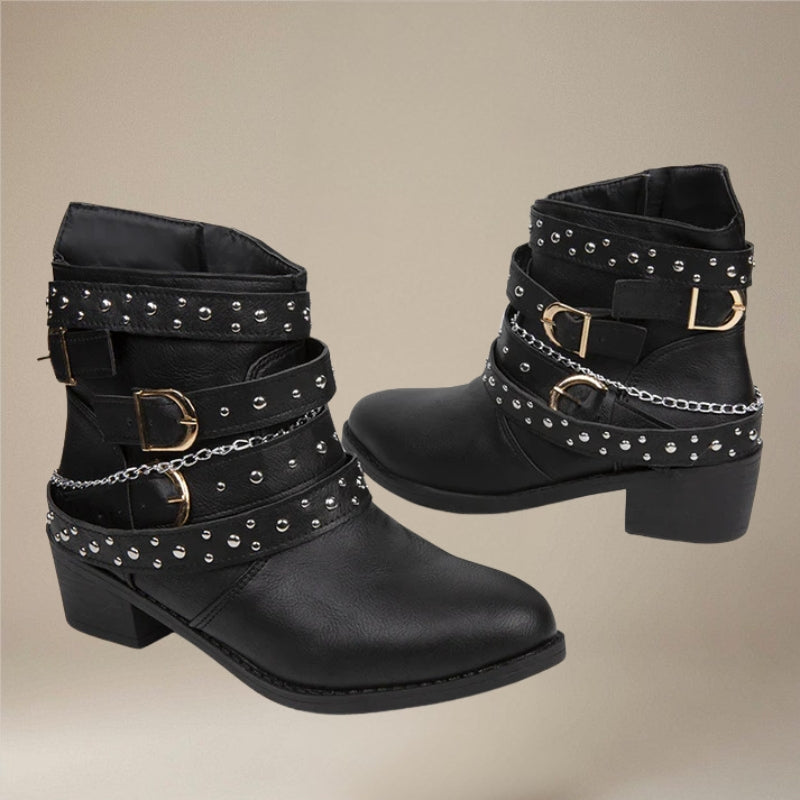 Bottines Cloutées Femme – Lanières à Boucles, Style Motard
