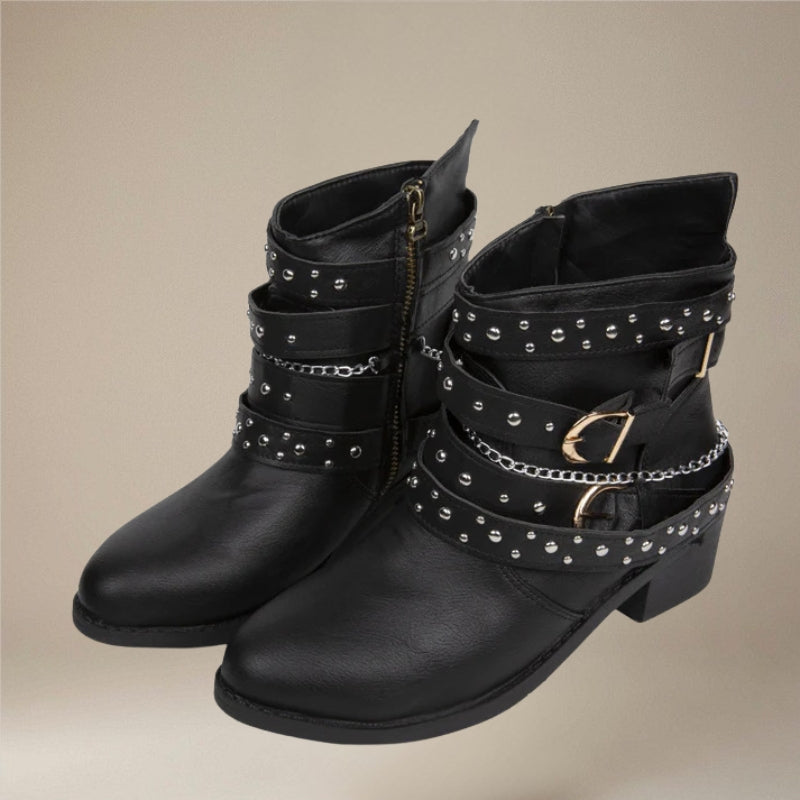 Bottines Cloutées Femme – Lanières à Boucles, Style Motard