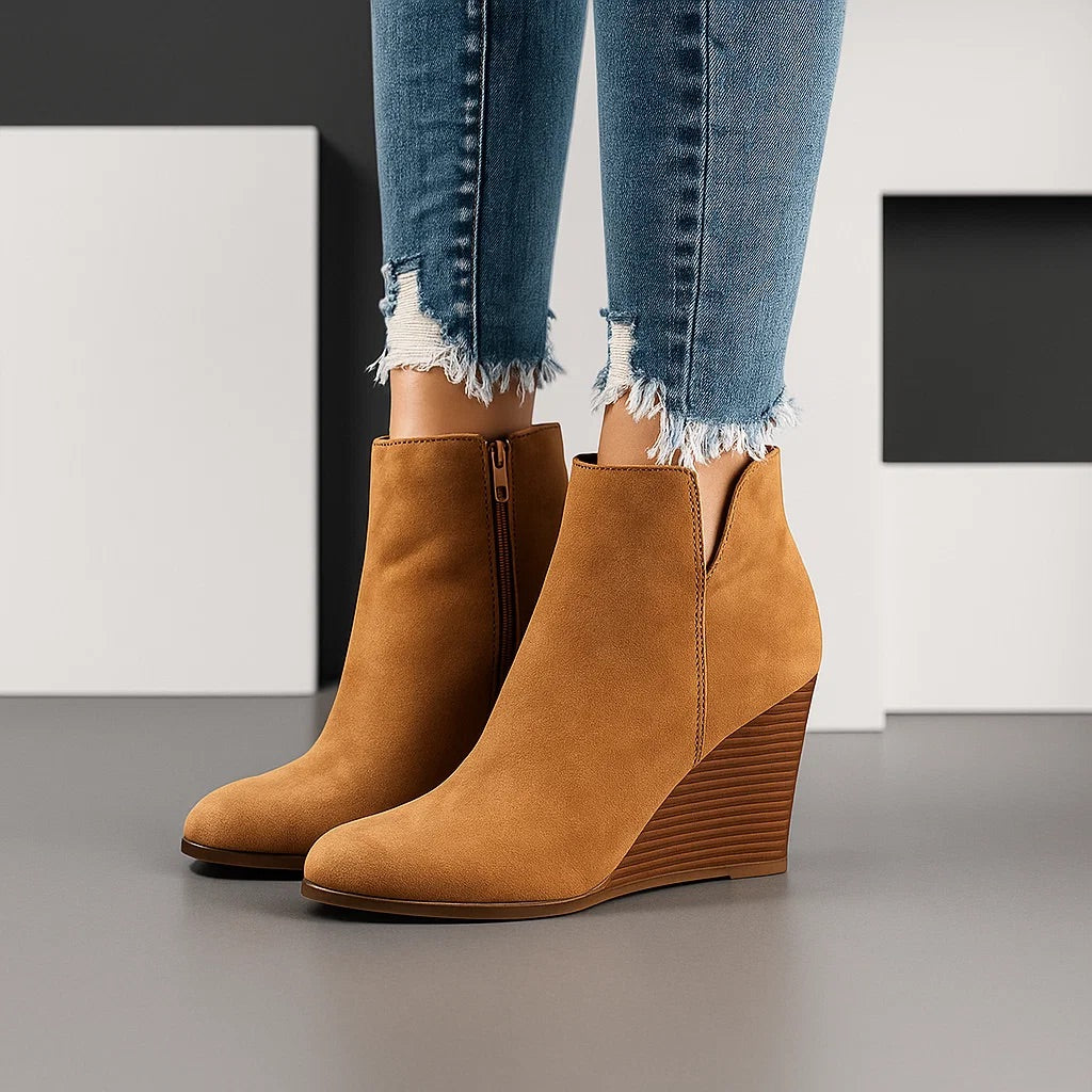 Bottines Femme – Compensées Daim Découpe Latérale, Talon Bloc