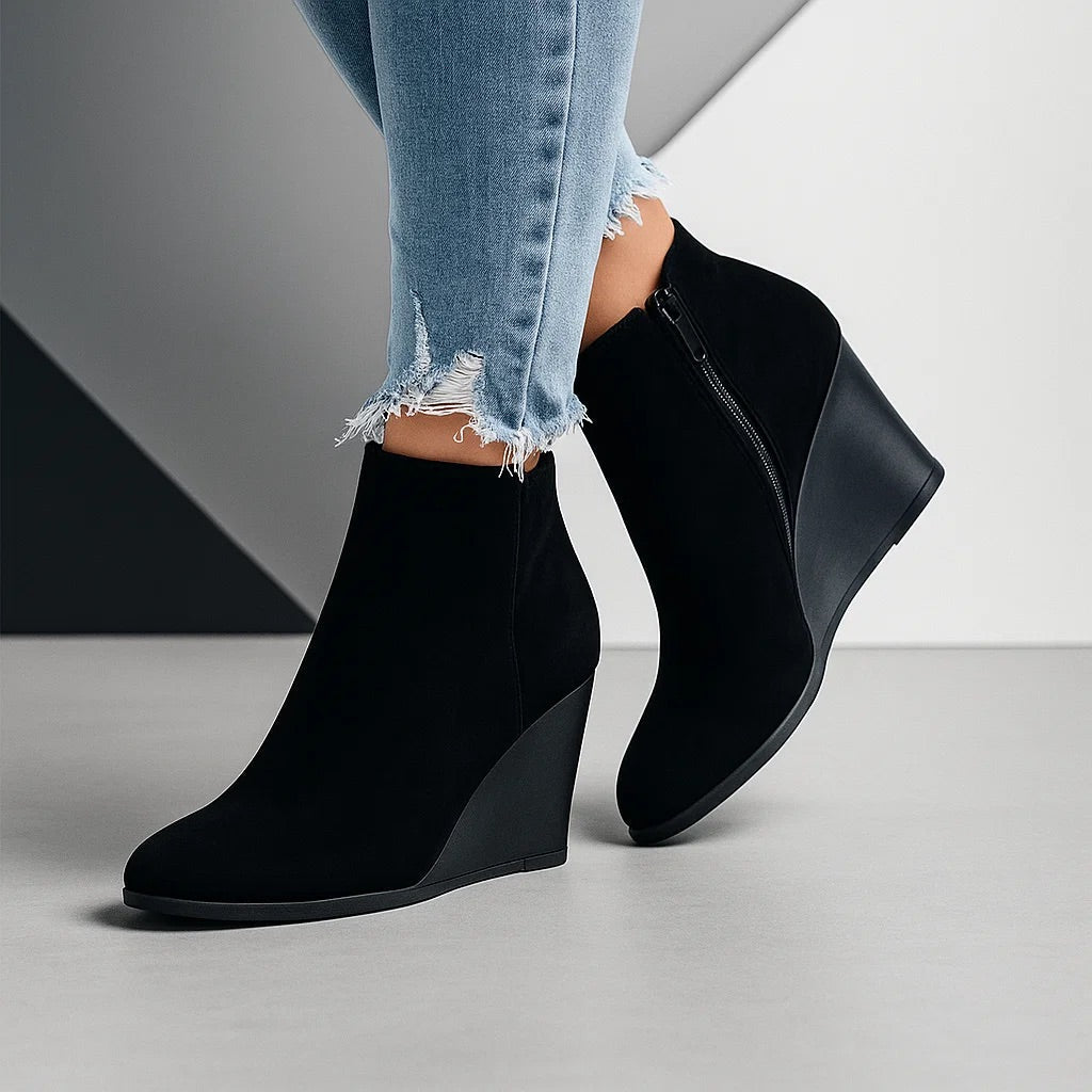 Bottines Femme – Compensées Daim Découpe Latérale, Talon Bloc