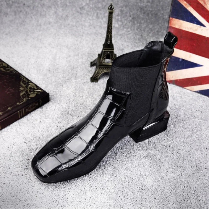 Bottines à Découpes Femme – Aspect Croco, Bout Rond