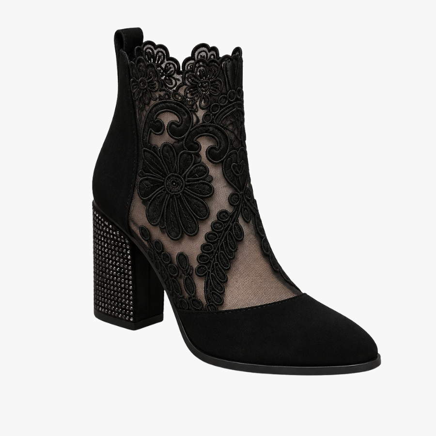 Bottines Femme – Dentelle Florale Talon Bloc Bout Rond, Fermeture Éclair