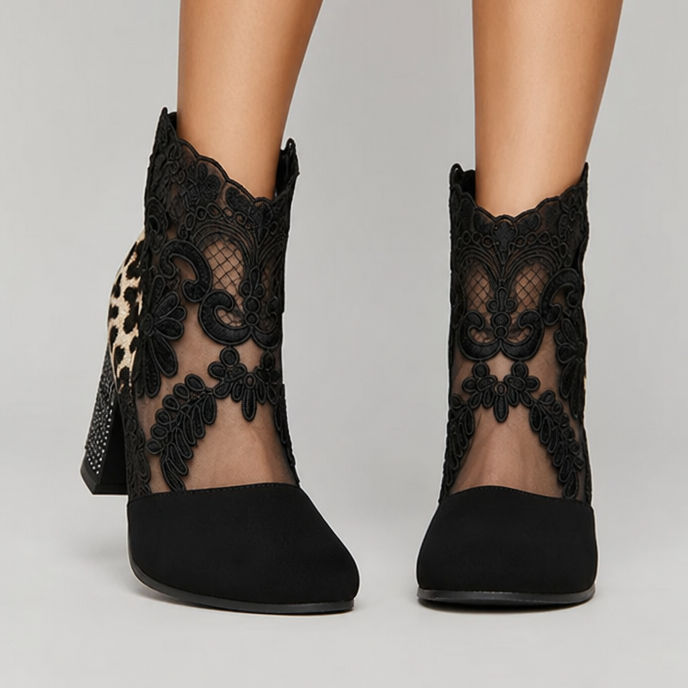 Bottines Femme – Dentelle Florale Talon Bloc Bout Rond, Fermeture Éclair