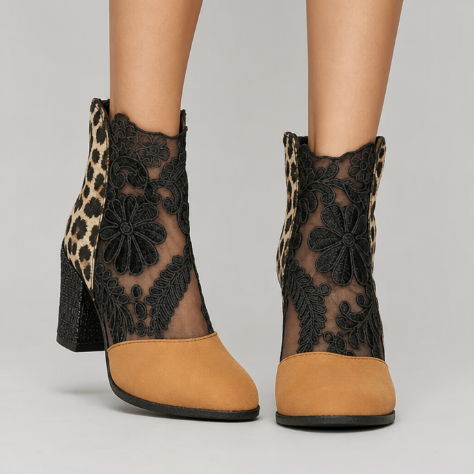 Bottines Femme – Dentelle Florale Talon Bloc Bout Rond, Fermeture Éclair