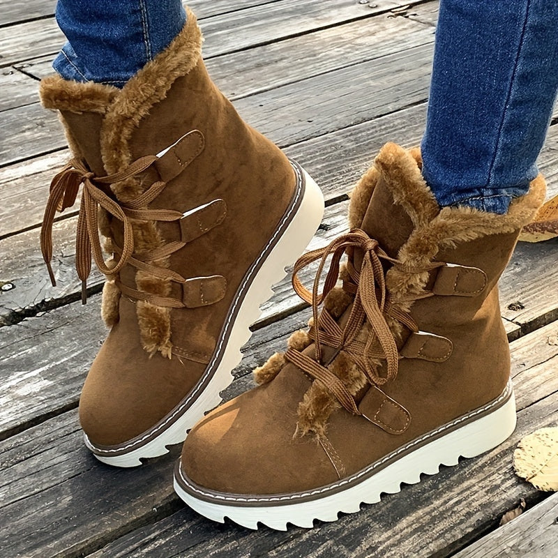 Bottines Fourrées Femme – Laçage Réglable, Semelle Crantée
