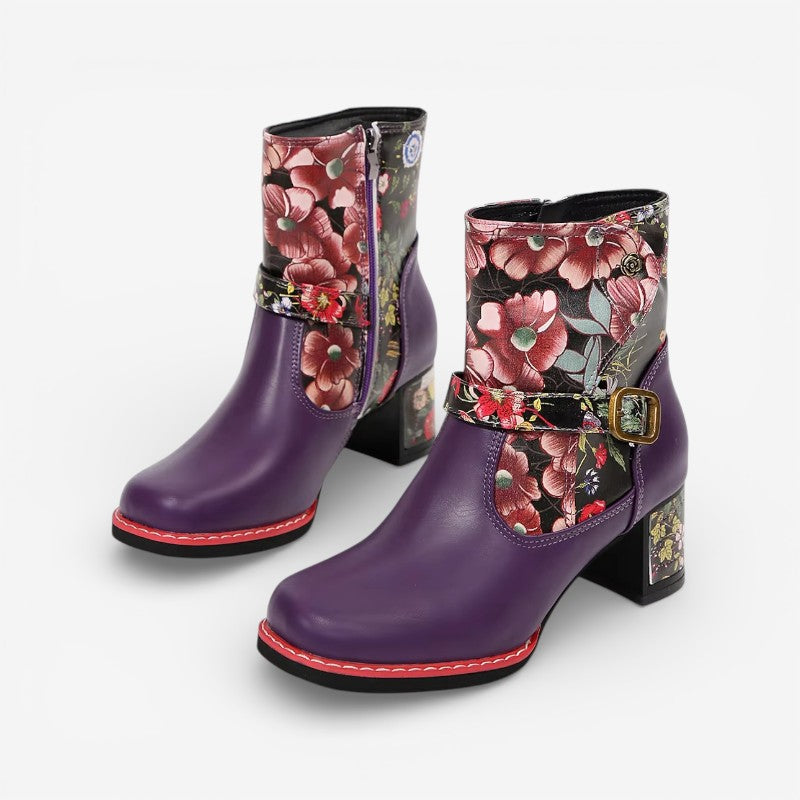 Bottines à Imprimé Floral Femme – Talon Bloc, Boucle