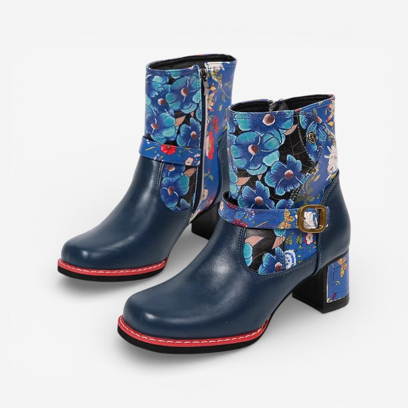 Bottines à Imprimé Floral Femme – Talon Bloc, Boucle