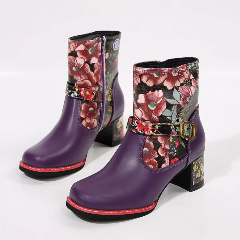 Bottines à Imprimé Floral Femme – Talon Bloc, Boucle