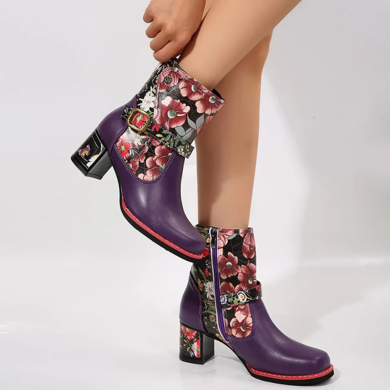 Bottines à Imprimé Floral Femme – Talon Bloc, Boucle