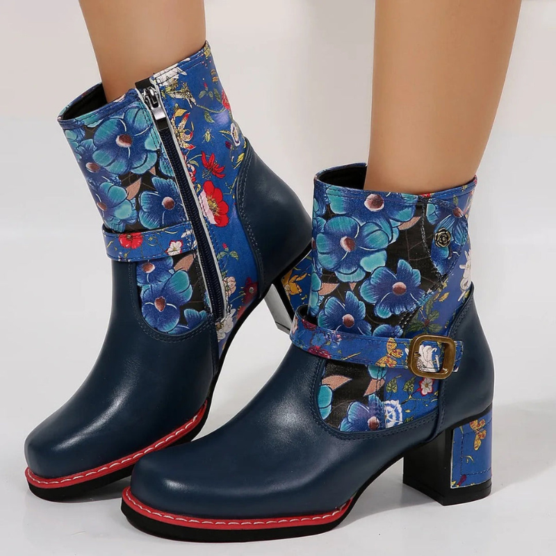 Bottines à Imprimé Floral Femme – Talon Bloc, Boucle