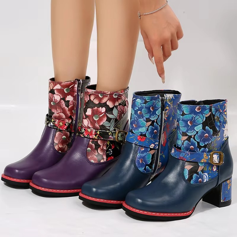 Bottines à Imprimé Floral Femme – Talon Bloc, Boucle