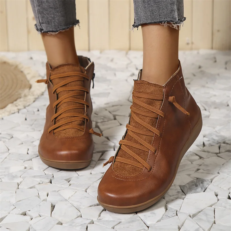 Bottines Femme Lacées – Aspect Cuir, Semelle Confort