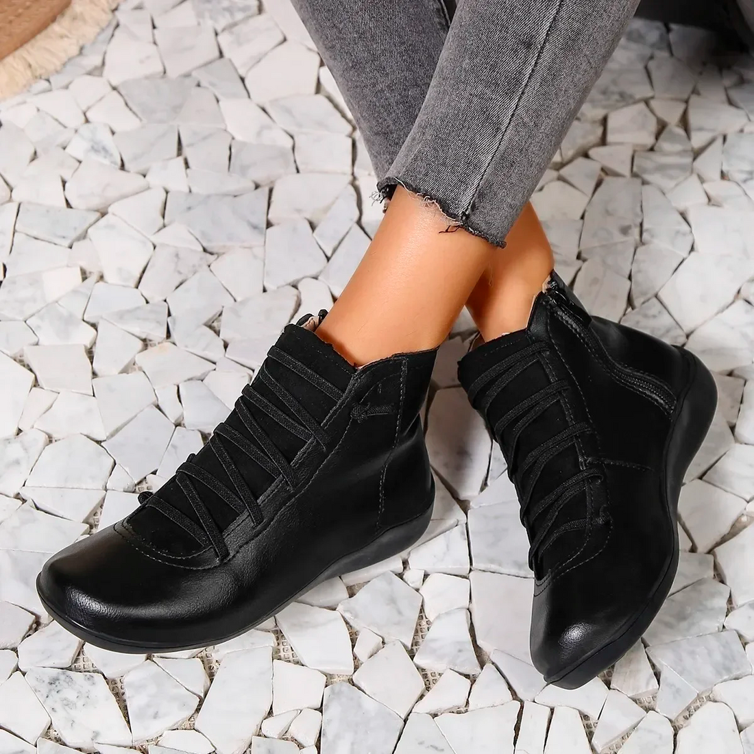 Bottines Femme Lacées – Aspect Cuir, Semelle Confort