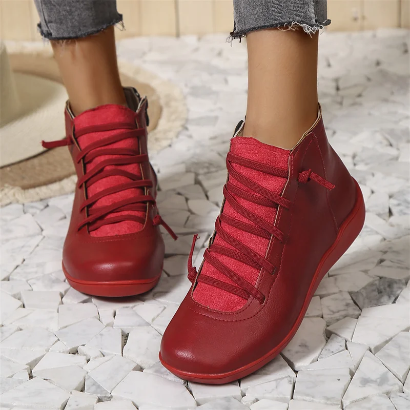 Bottines Femme Lacées – Aspect Cuir, Semelle Confort