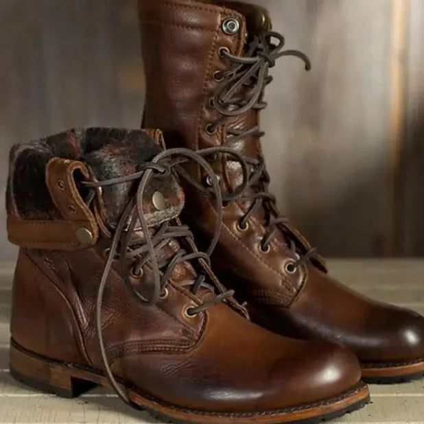 Bottines Femme – Lacets Aspect Cuir Talon Bloc Revers, Fermeture Éclair