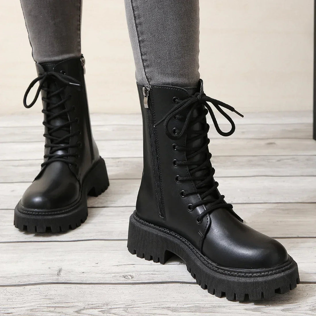Bottines Femme – Militaires Lacets Zip Côté Aspect Cuir, Talon Bloc