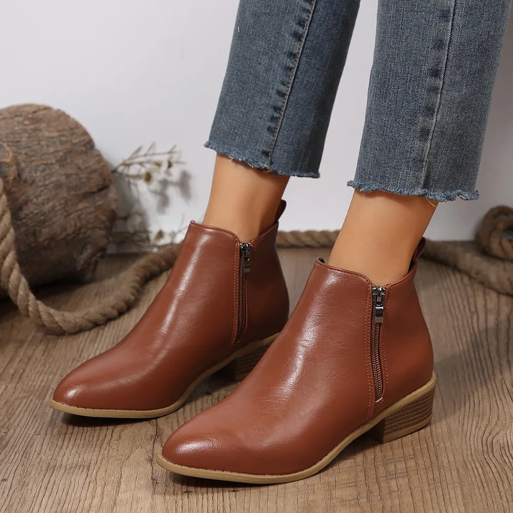 Bottines Femme – Orthopédiques Talon Bloc Aspect Cuir Zip Latéral Pied Large, Fermeture Éclair