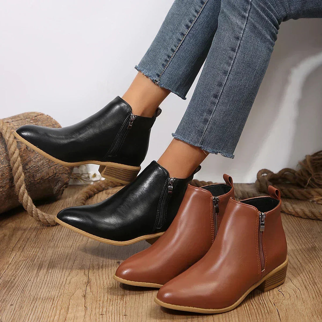 Bottines Femme – Orthopédiques Talon Bloc Aspect Cuir Zip Latéral Pied Large, Fermeture Éclair