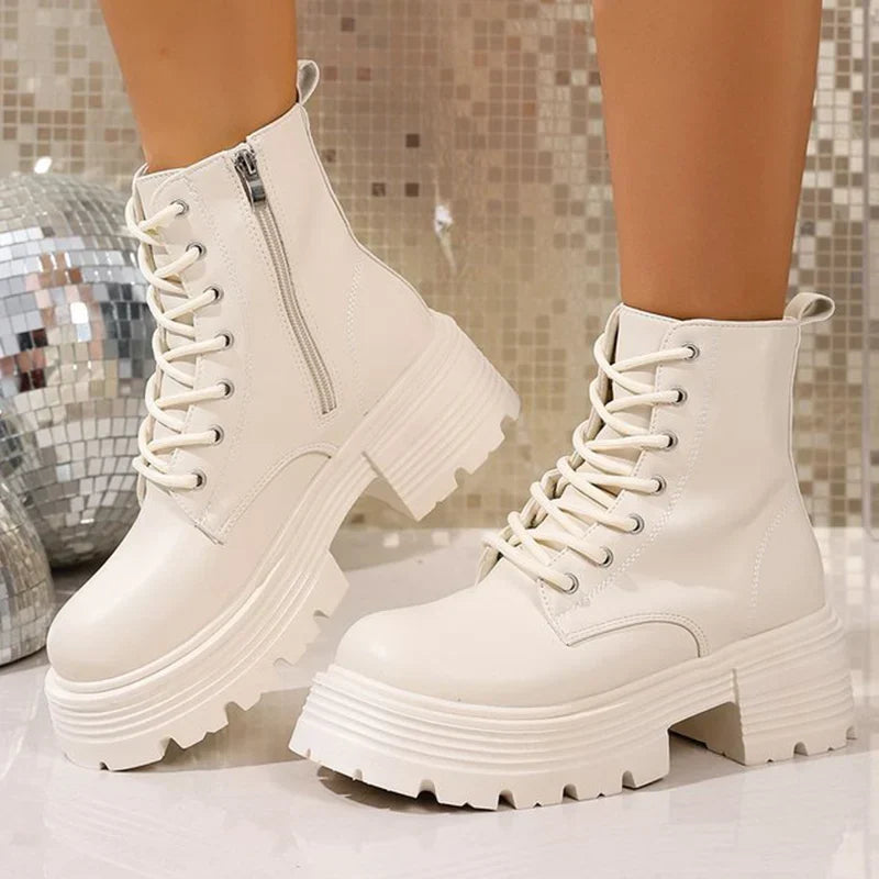 Bottines Femme – Plateforme Talon Épais Zip Aspect Cuir, Talon Bloc