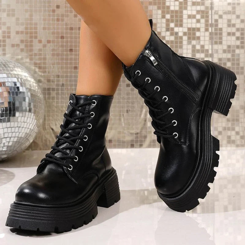 Bottines Femme – Plateforme Talon Épais Zip Aspect Cuir, Talon Bloc