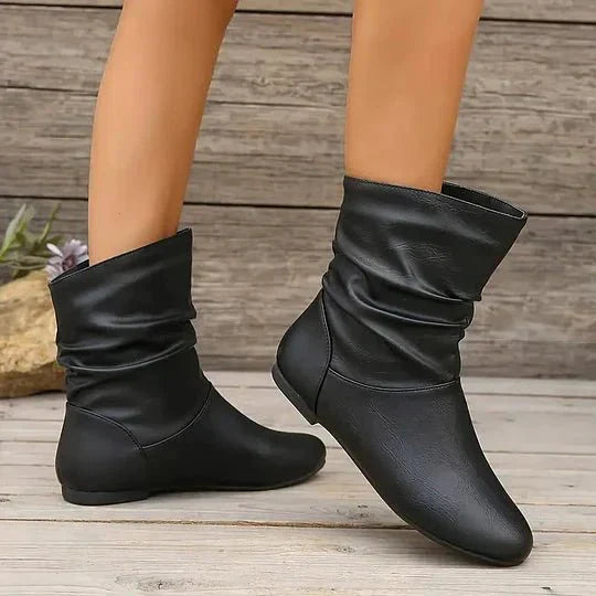 Bottines Femme – Plates Aspect Cuir Souple Froncées, Talon Bloc