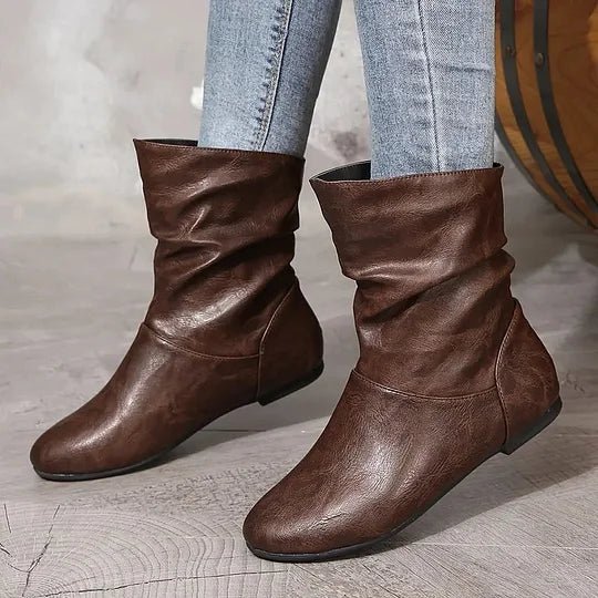 Bottines Femme – Plates Aspect Cuir Souple Froncées, Talon Bloc