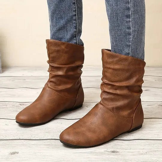 Bottines Femme – Plates Aspect Cuir Souple Froncées, Talon Bloc