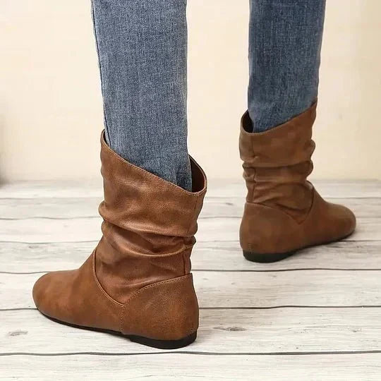 Bottines Femme – Plates Aspect Cuir Souple Froncées, Talon Bloc