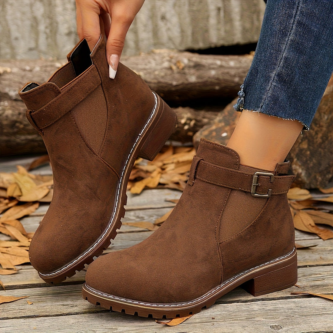 Bottines Femme – Talon Bloc Boucle Crantée Aspect Daim, Fermeture Éclair