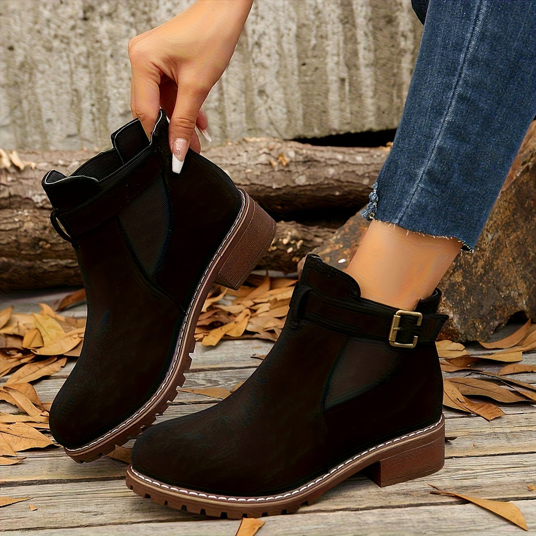 Bottines Femme – Talon Bloc Boucle Crantée Aspect Daim, Fermeture Éclair