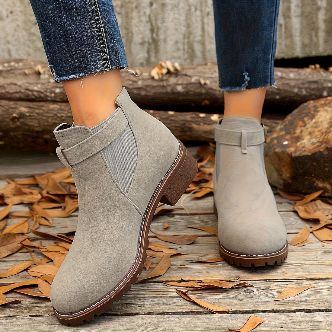 Bottines Femme – Talon Bloc Boucle Crantée Aspect Daim, Fermeture Éclair