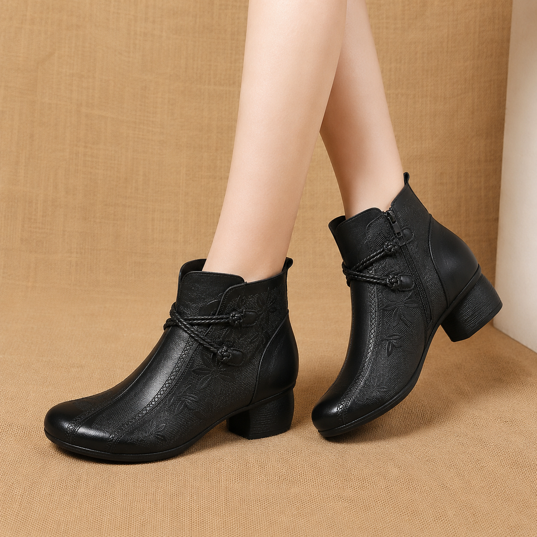 Bottines Femme – Talon Bloc Détail Feuille, Fermeture Éclair