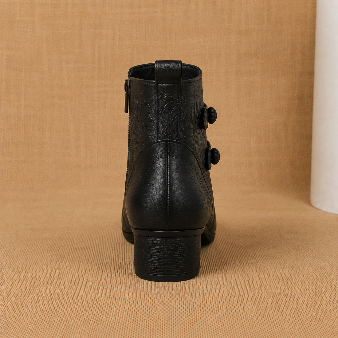 Bottines Femme – Talon Bloc Détail Feuille, Fermeture Éclair