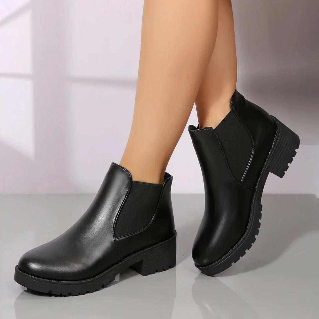 Bottines Femme – Talons Bout Rond Effet Aspect Cuir Zip Côté, Talon Bloc