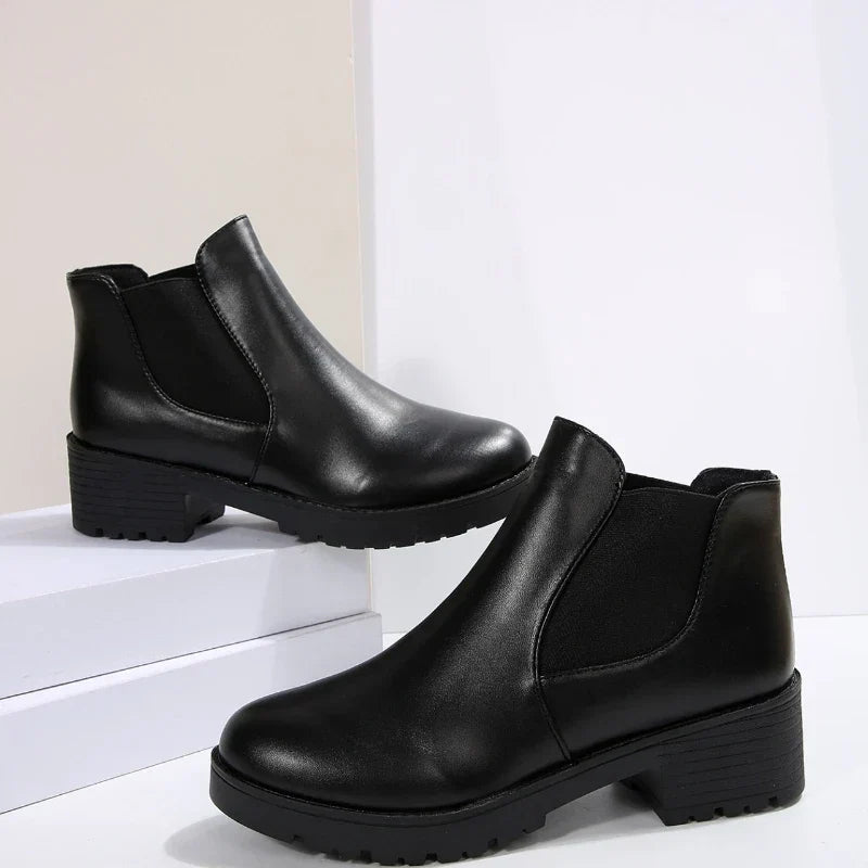 Bottines Femme – Talons Bout Rond Effet Aspect Cuir Zip Côté, Talon Bloc
