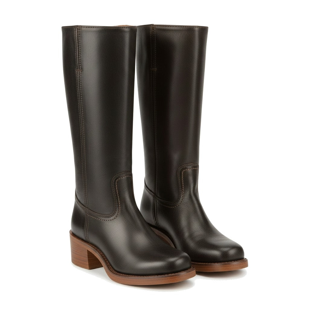 Bottes hautes femme à talon bloc et surpiqûres contrastées - Noir
