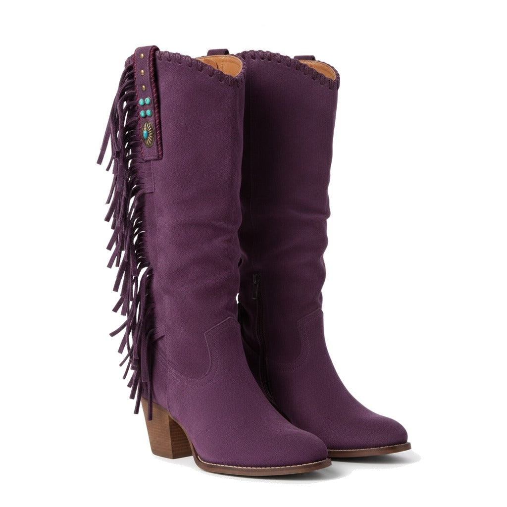 Bottes cowboy femme hautes à franges et pierre turquoise - Violet