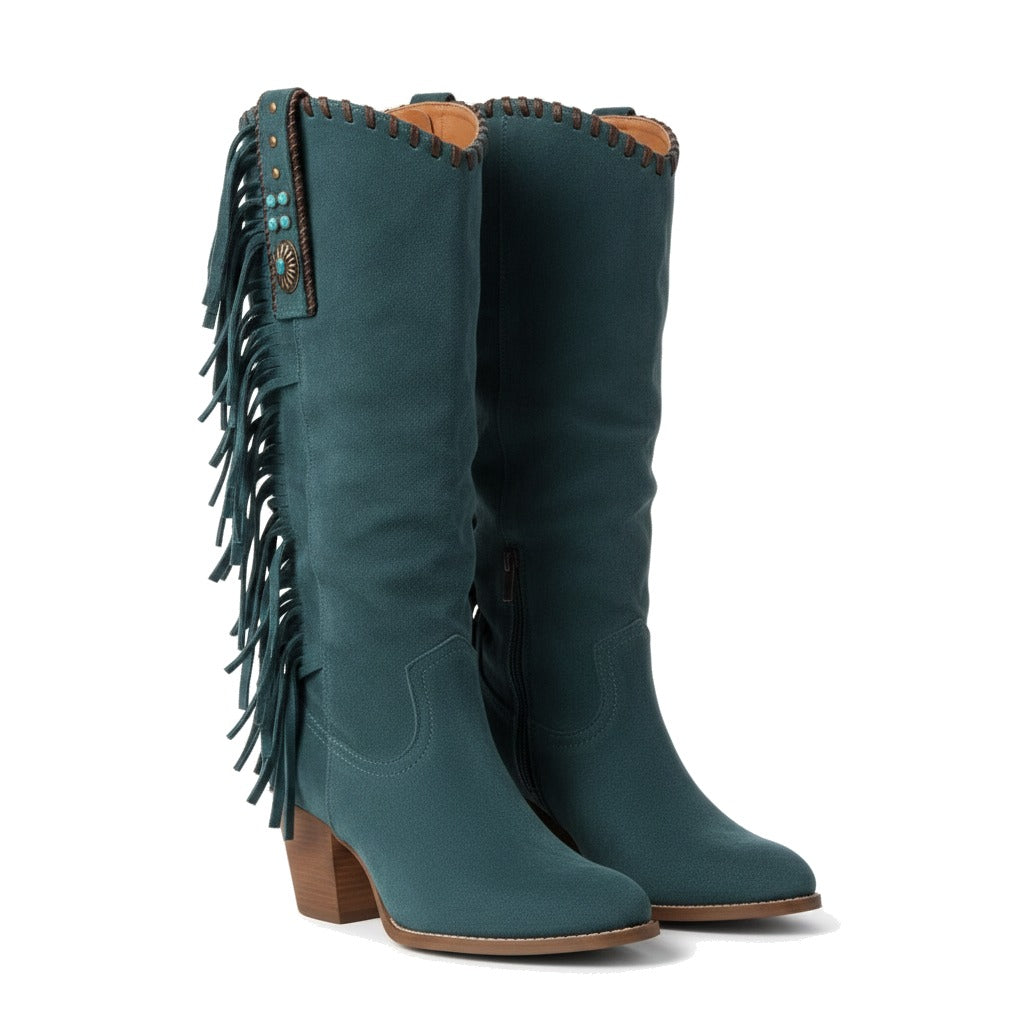 Bottes cowboy femme hautes à franges et pierre turquoise - Bleu