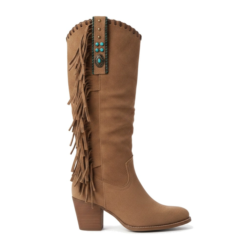 Bottes cowboy femme hautes à franges et pierre turquoise - Roxane
