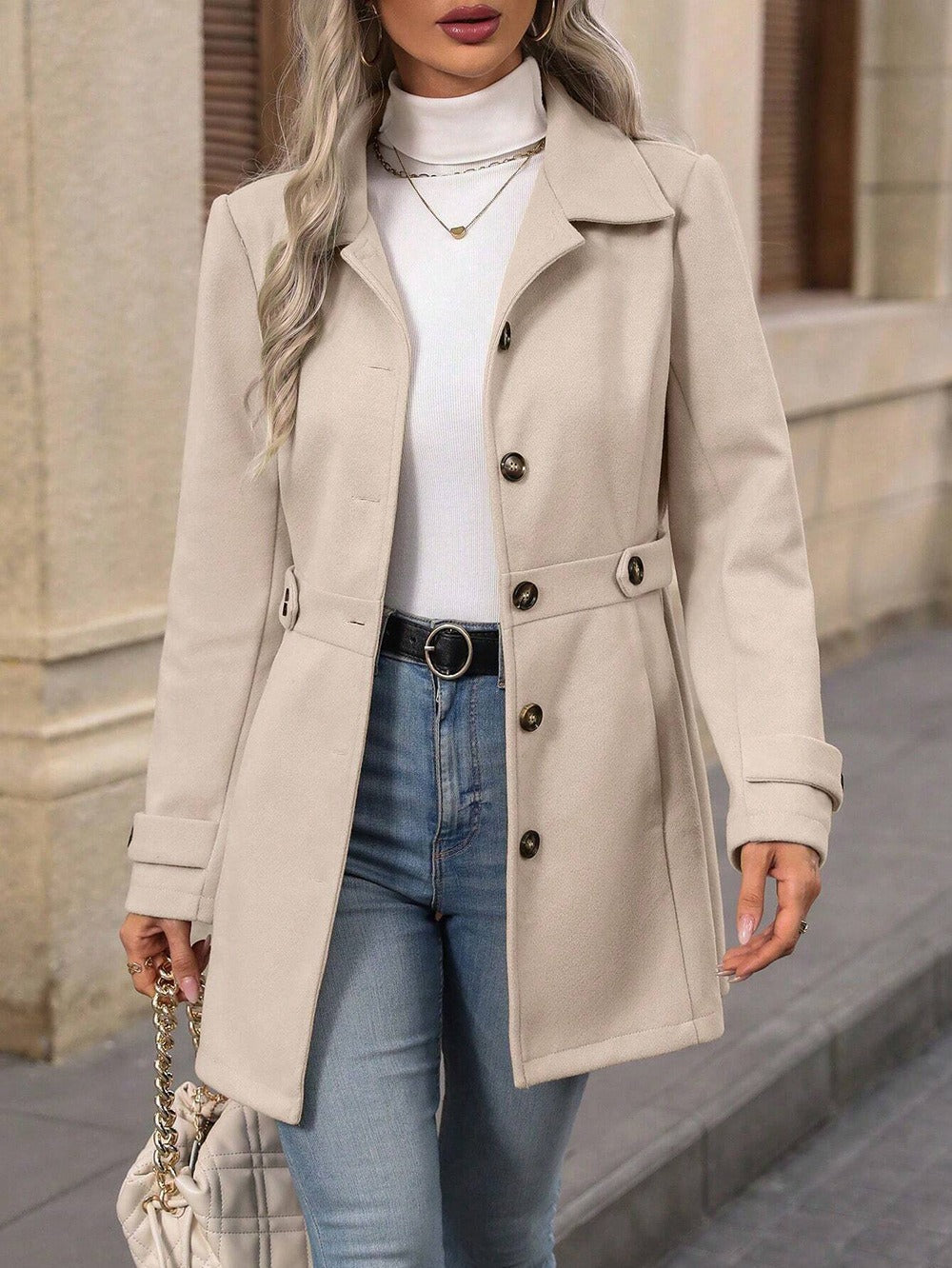 Manteau Femme – Aspect Lainage Simple Boutonnage, Mi-Longue Revers
