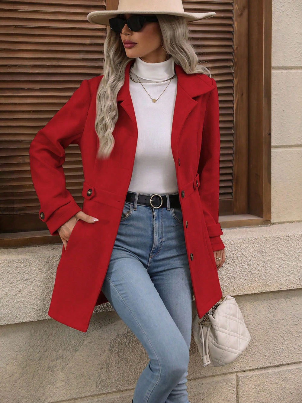 Manteau Femme – Aspect Lainage Simple Boutonnage, Mi-Longue Revers