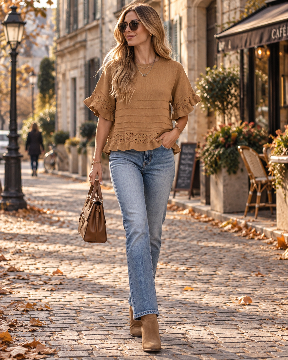 Pull Femme – Maille Ajourée, Manches Courtes à Volants