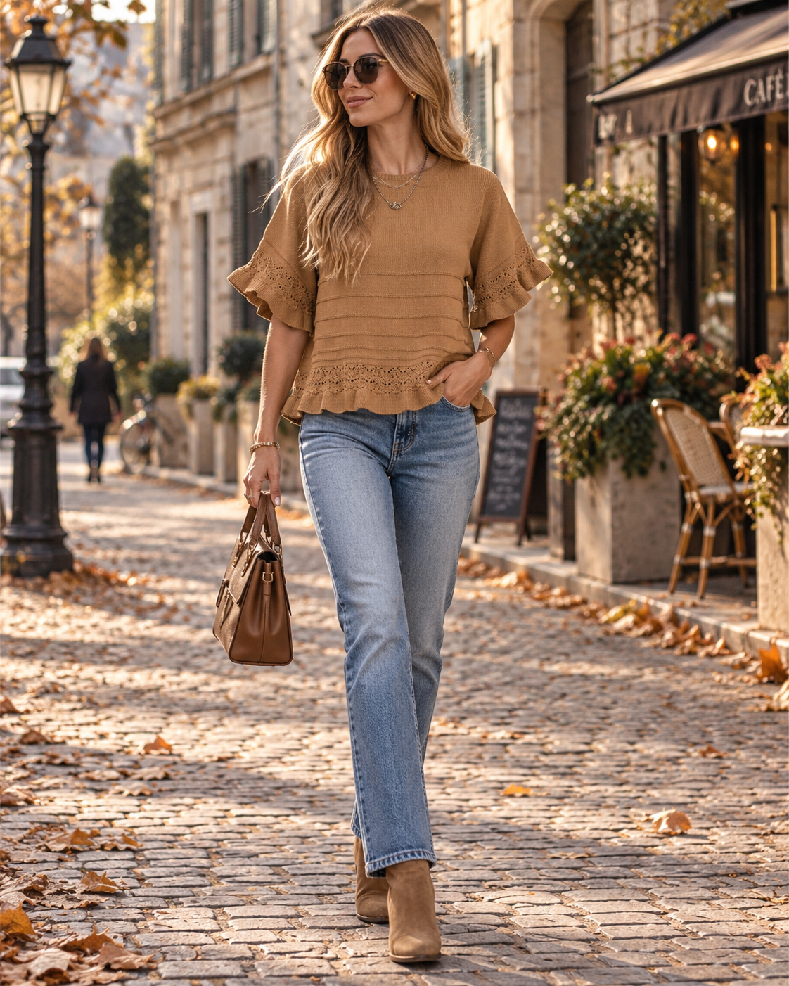 Pull Femme – Maille Ajourée, Manches Courtes à Volants