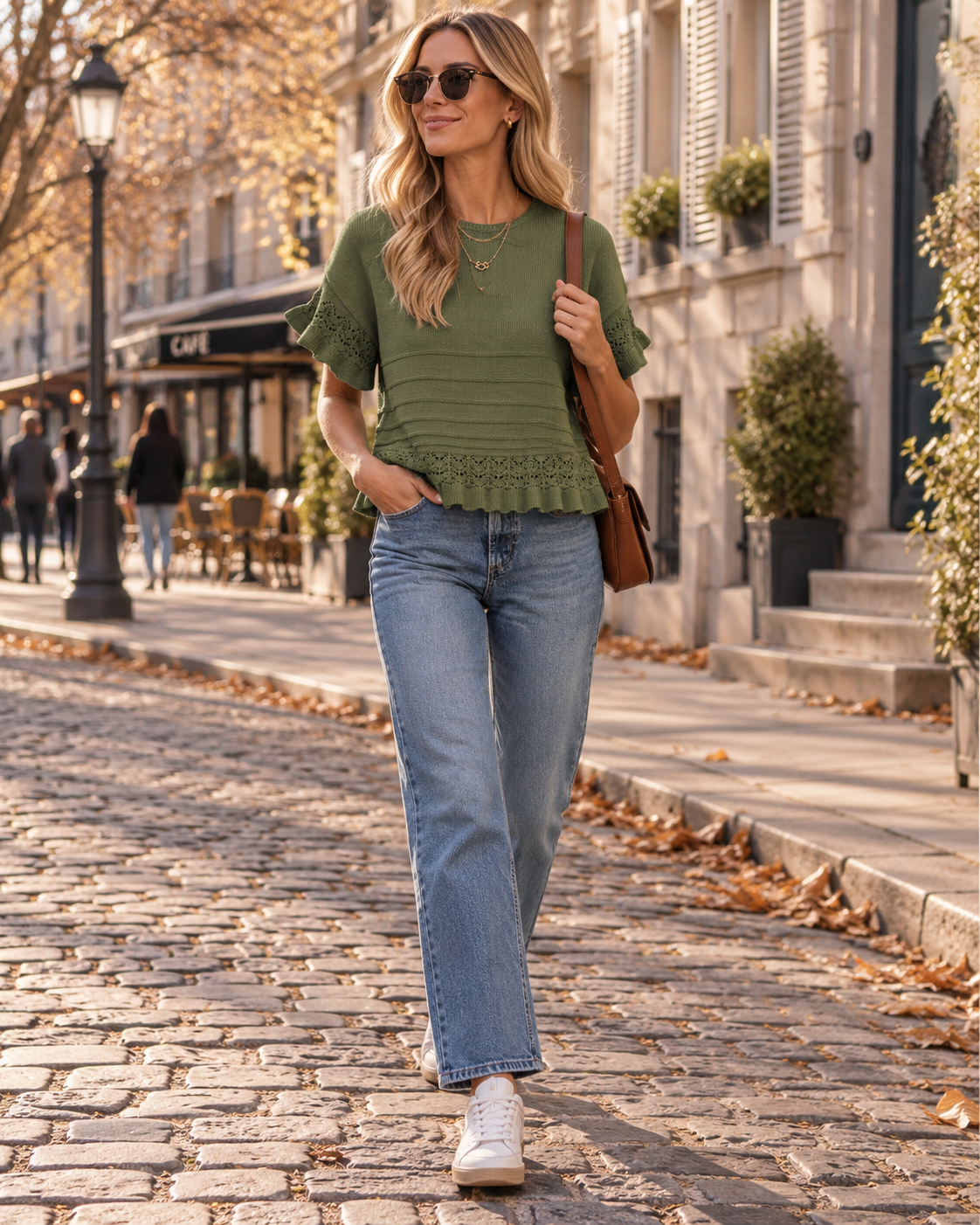 Pull Femme – Maille Ajourée, Manches Courtes à Volants