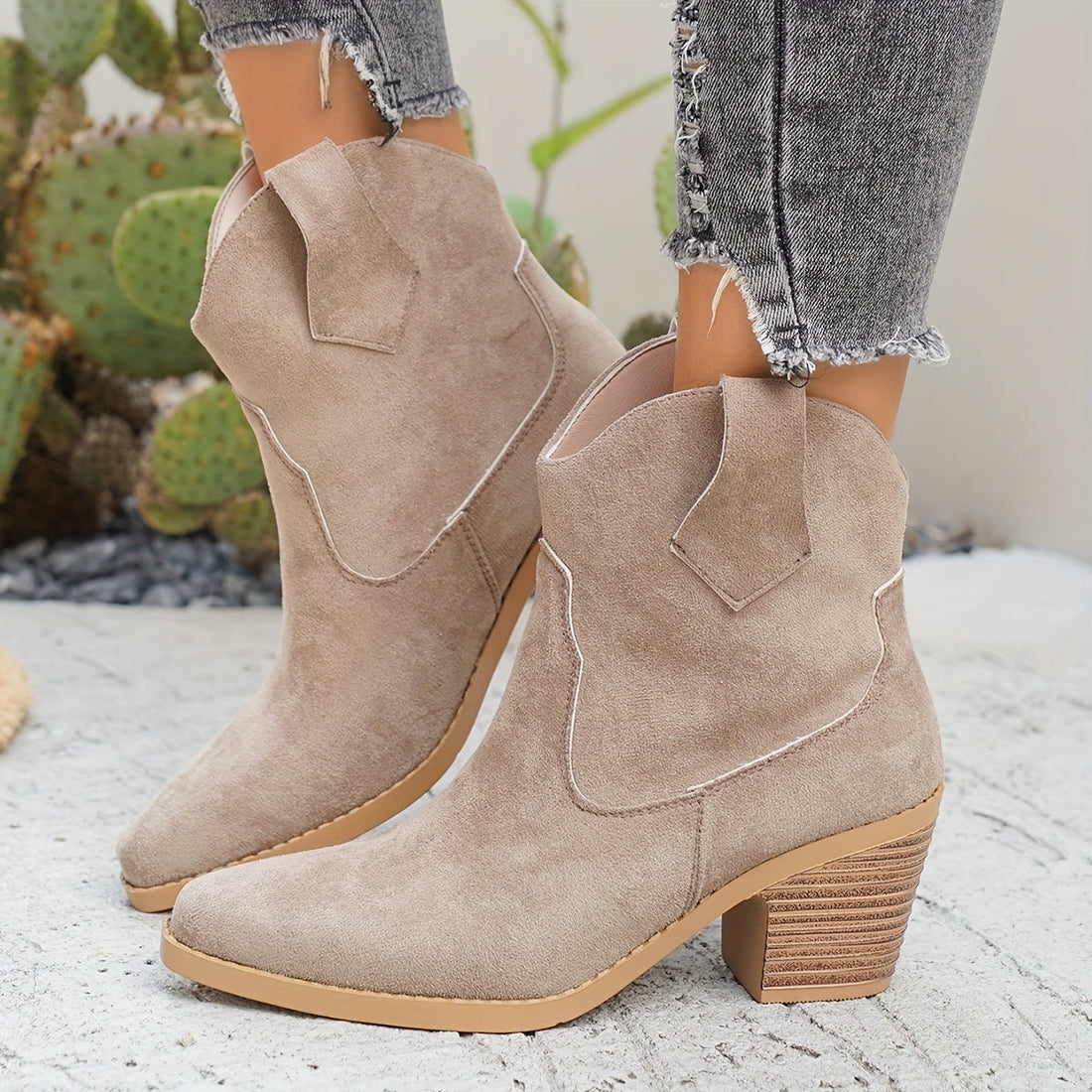 Santiags Femme – Western Talon Bloc Aspect Daim Bout Pointu, Talon Carré