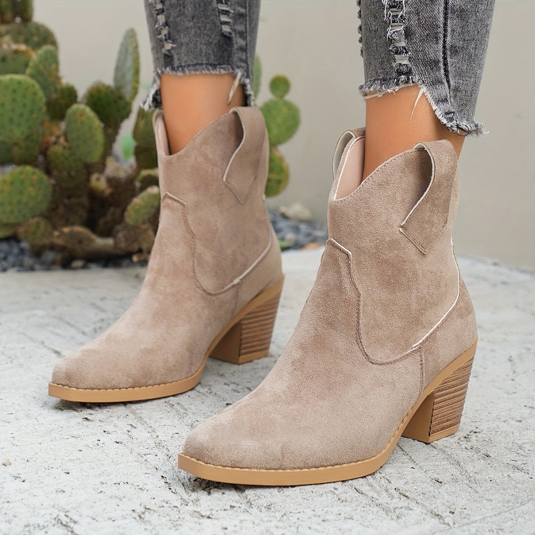 Santiags Femme – Western Talon Bloc Aspect Daim Bout Pointu, Talon Carré